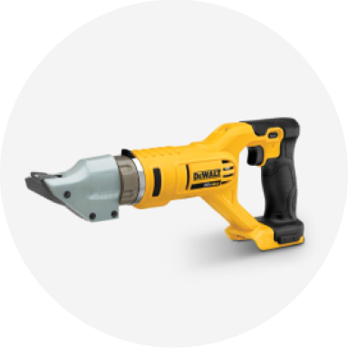 A yellow DEWALT metal shear. 