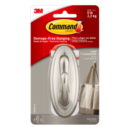 A brushed nickel Command hook in red and gray packaging.