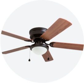 A 5-blade bronze and wood tone ceiling fan.