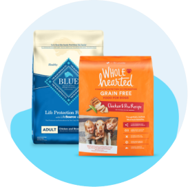 A bag each of Whole Hearted and Blue dog food.