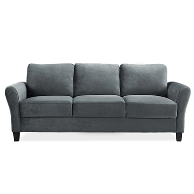 Gray microfiber sofa with small wood legs.