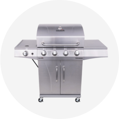 A stainless steel Char-Broil four-burner liquid propane gas grill with a side burner.