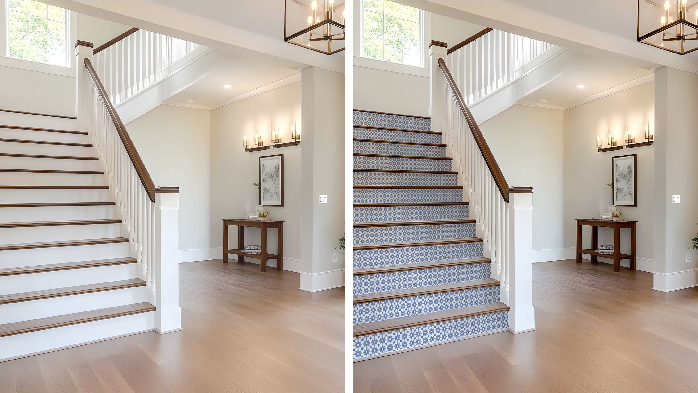 Staircase with wood treads and peel-and-stick penny tile on the risers.