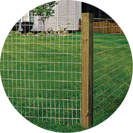 A section of rolled wire fencing in a yard.