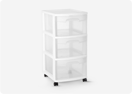 A white rolling storage cart with 3 clear plastic drawers.