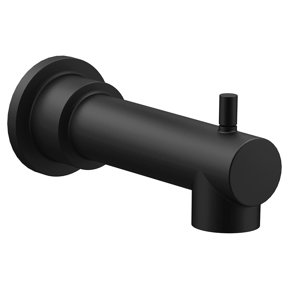 A matte black bathtub spout with diverter.
