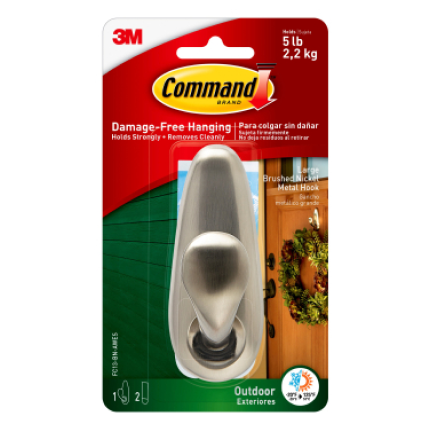 A brushed nickel Command outdoor hook in red and green packaging.