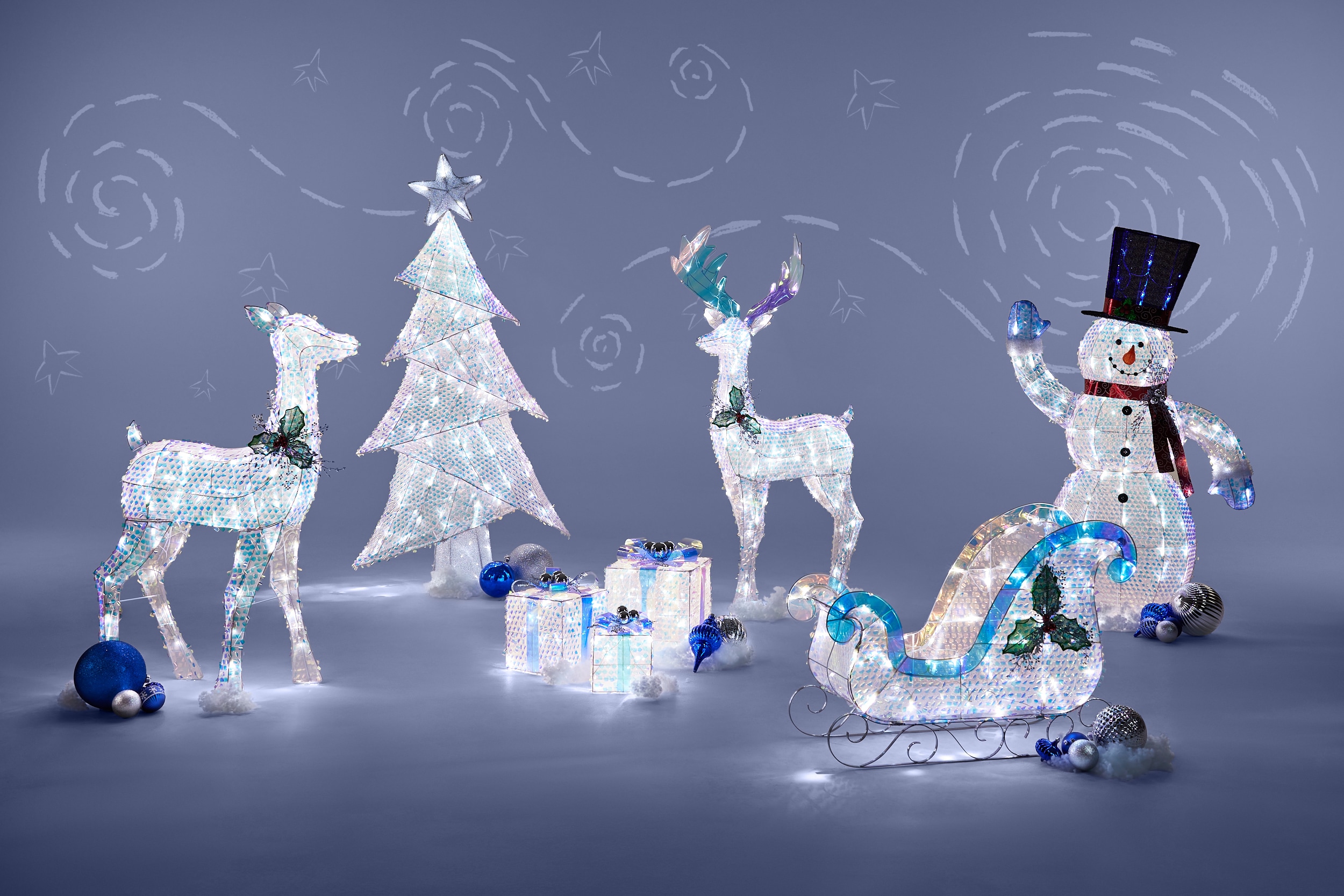  Iridescent Christmas Reindeer and Santa Sleigh Set