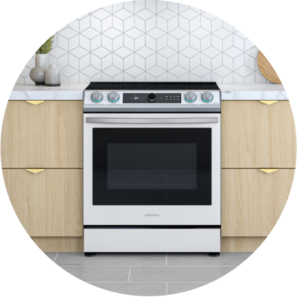 A white glass slide-in gas range with illuminated knobs.