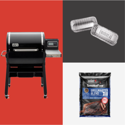 A black Weber Smokefire pellet grill, cover, pans, stainless shelves and bag of Grillmaster Pellets.
