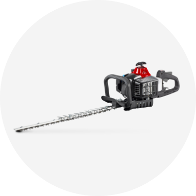 A black and yellow gas-powered hedge trimmer.
