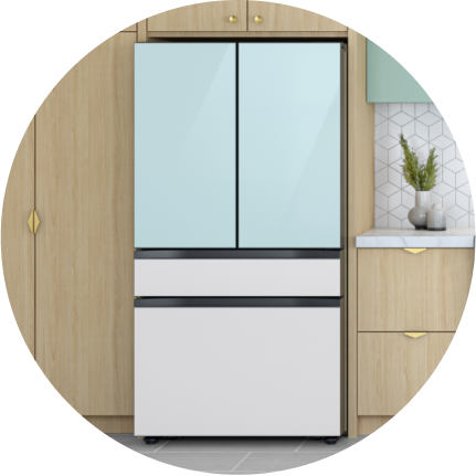 4-Door French Door Refrigerator Beverage Center in Morning Blue Glass Top Panels.