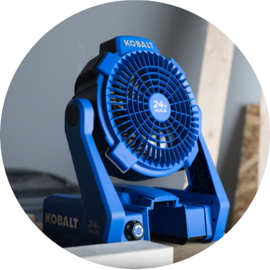 A blue Kobalt cordless portable fan.