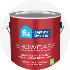 A gallon of H G T V Home by Sherwin-Williams Showcase paint.