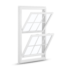 A double hung white-frame window with both panels swung out.