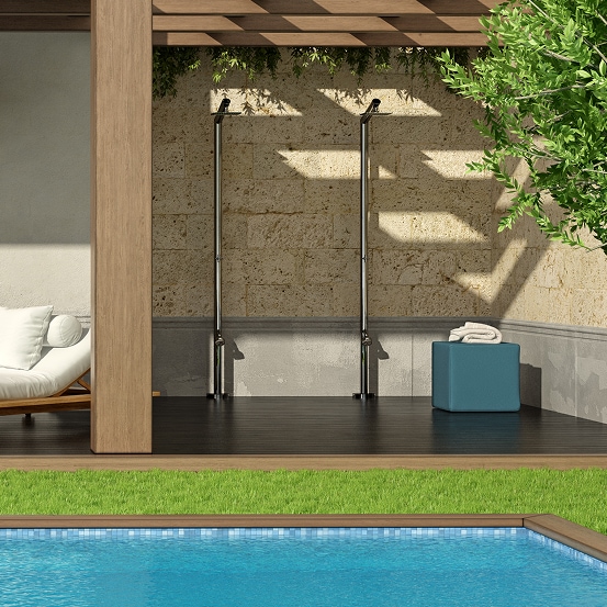 A small wooden seat in a pool area.