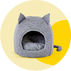 A gray fleece hooded igloo cat bed.