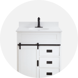 A light gray single-sink vanity with a white top.