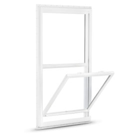 A single hung white-frame window with the lower panel swung out.