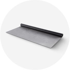 A roll of dark gray fiberglass window screen material.
