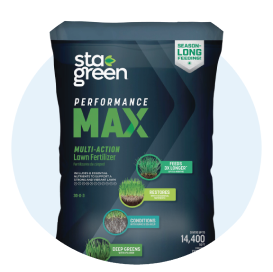 A bag of Sta-Green Performance Max lawn fertilizer.