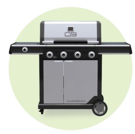 A black and stainless steel 4-burner gas grill.