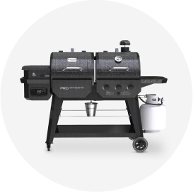 A black Pit Boss wood pellet and gas combo grill.