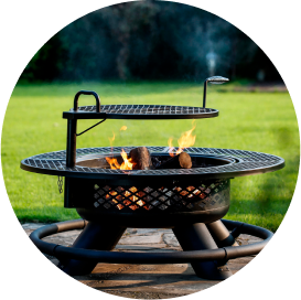 A dark metal wood-burning fire pit with a grilling plate on a stone patio.