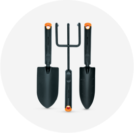 Fiskars transplanter, scoop and tiller garden hand tools.
