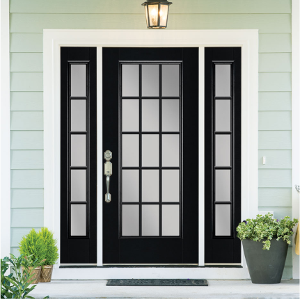 A black full-lite single front door with sidelights.