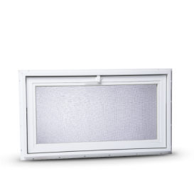 A basement window with a white frame frosted glass.