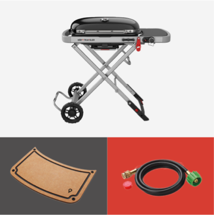 A black Weber Traveler portable grill, cover, digital thermometer, drip pans, hose and prep board.