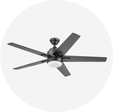 A gray low-profile 5-blade ceiling fan.