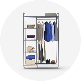 A metal portable closet with 5 shelves and 2 hanging rods.