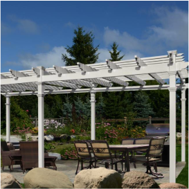A white pergola over a rectangular patio dining table with 6 chairs.