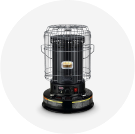 A black cylindrical kerosene heater with a protective metal grate around the top.