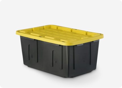 A black heavy-duty storage tote with a yellow lid.