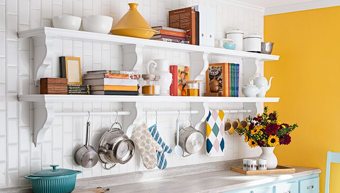 shelves on a kitchen wall use