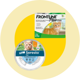 A box of Frontline Plus flea and tick prevention for cats and a Seresto flea collar.