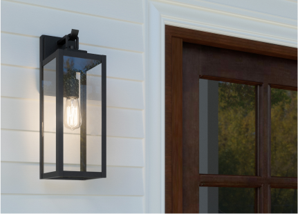 A black rectangular transitional outdoor wall light with clear shades.