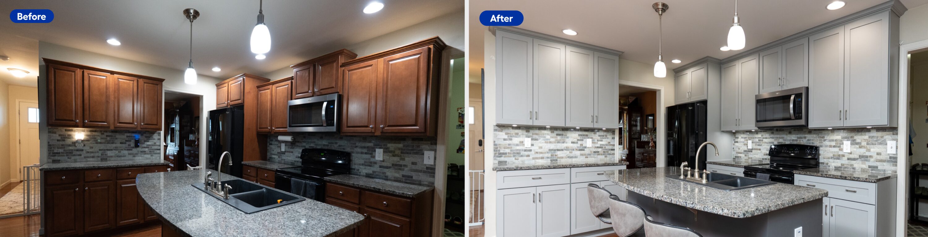 A comparison showing a kitchen with wood cabinets versus the cabinets refaced in white.