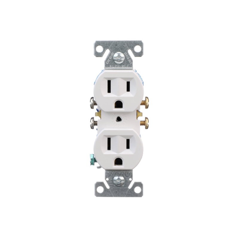 A white 15-amp duplex outlet.