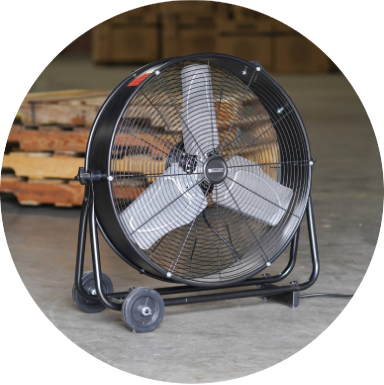 A black metal industrial portable fan.