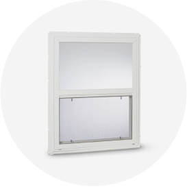 A double hung white vinyl window with screen.