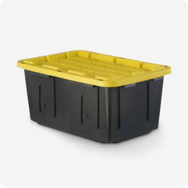 A black heavy-duty storage tote with a yellow lid.