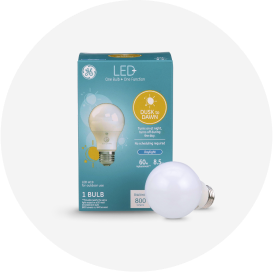 A package of L E D outdoor light bulbs.