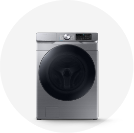 A gray Samsung front-load washing machine.