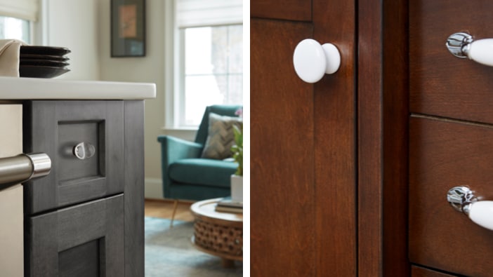 Crystal knobs on black drawers and white ceramic knobs and drawer pulls on stained wood cabinets.