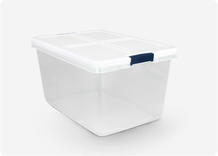 A clear storage bin with a white lid and blue handles.