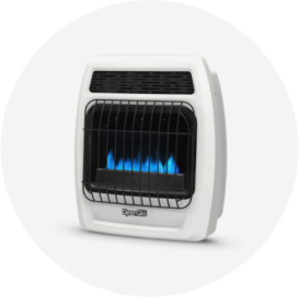 A white gas space heater showing faux blue flames behind a grate.